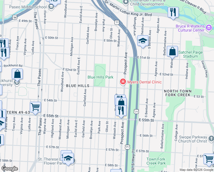 map of restaurants, bars, coffee shops, grocery stores, and more near 5305 Olive Street in Kansas City