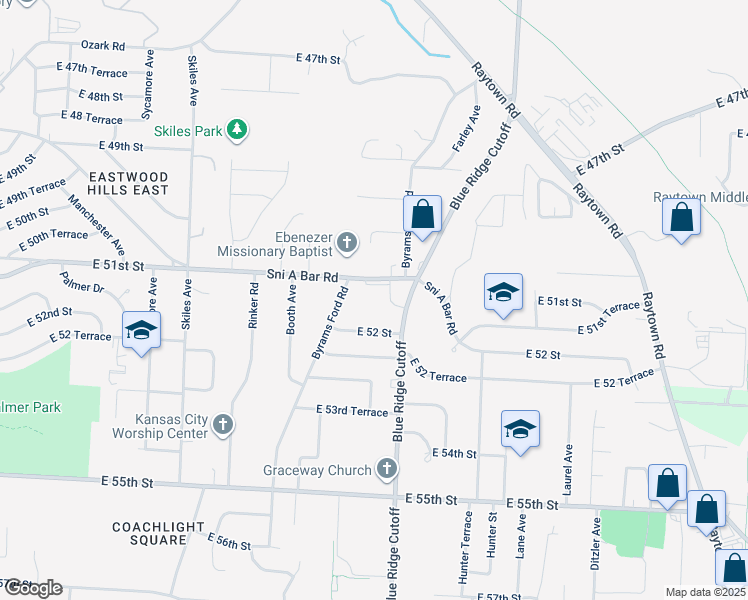 map of restaurants, bars, coffee shops, grocery stores, and more near 8705 Sni a Bar Rd in Kansas City