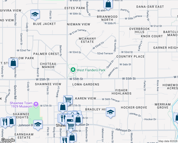 map of restaurants, bars, coffee shops, grocery stores, and more near 5428 Goddard Street in Shawnee