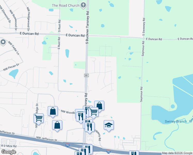 map of restaurants, bars, coffee shops, grocery stores, and more near 1413 Northeast Mary Court in Grain Valley