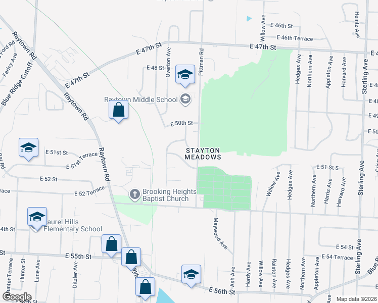 map of restaurants, bars, coffee shops, grocery stores, and more near 5102 Pittman Road in Kansas City