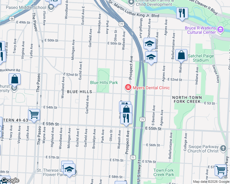 map of restaurants, bars, coffee shops, grocery stores, and more near 5305 Olive Street in Kansas City