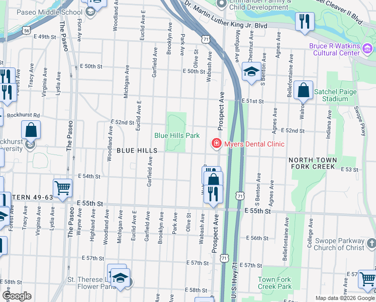 map of restaurants, bars, coffee shops, grocery stores, and more near 5305 Olive Street in Kansas City