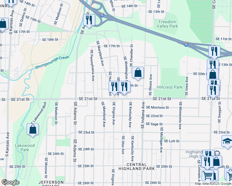 map of restaurants, bars, coffee shops, grocery stores, and more near 1014 Southeast 21st Street in Topeka