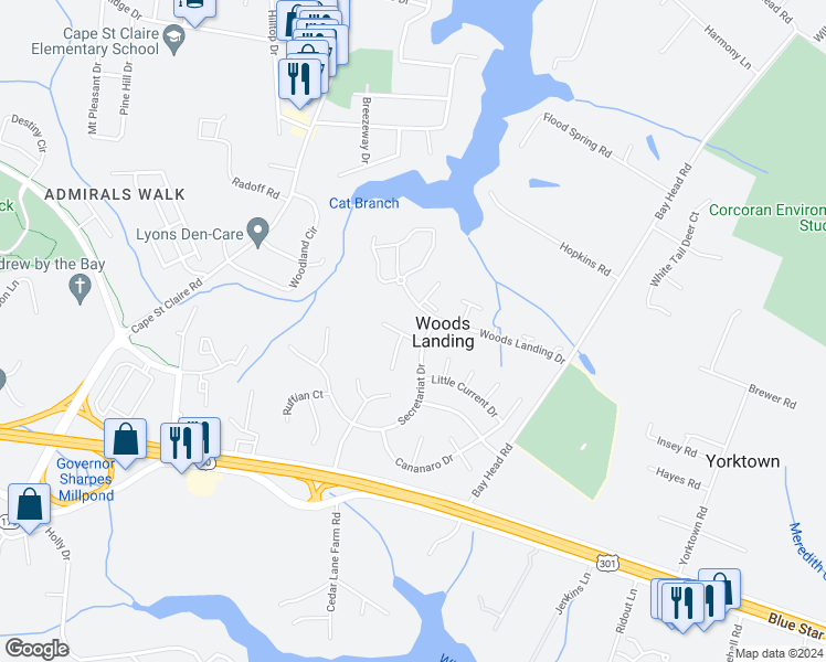 map of restaurants, bars, coffee shops, grocery stores, and more near 470 Man O War Court in Annapolis