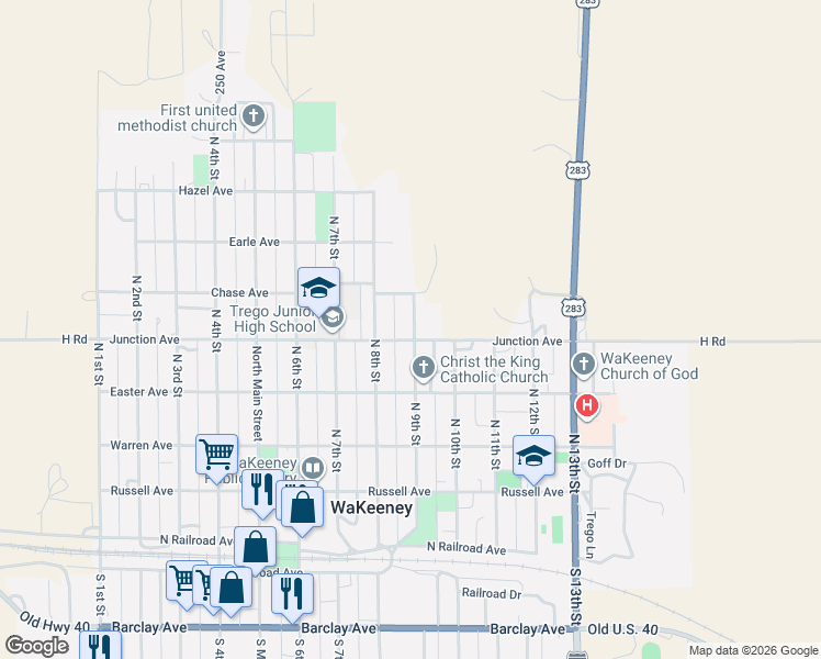 map of restaurants, bars, coffee shops, grocery stores, and more near 901-965 Junction Avenue in WaKeeney