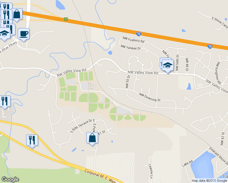 map of restaurants, bars, coffee shops, grocery stores, and more near 1117 Northwest Downing Circle in Blue Springs
