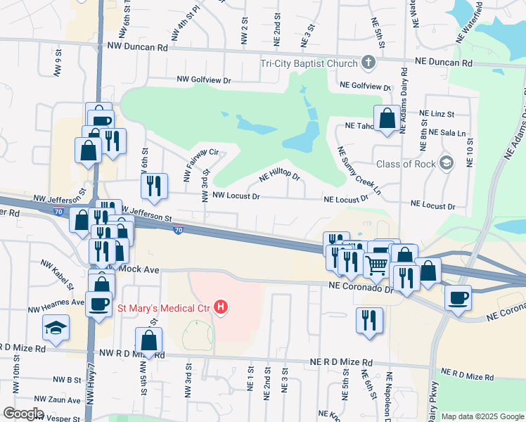 map of restaurants, bars, coffee shops, grocery stores, and more near 1102 Northeast 1st Terrace in Blue Springs