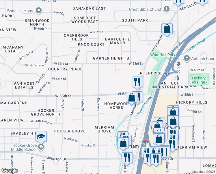 map of restaurants, bars, coffee shops, grocery stores, and more near 9512 West 55th Street in Shawnee