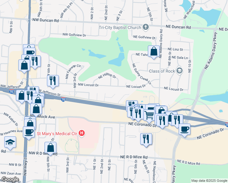 map of restaurants, bars, coffee shops, grocery stores, and more near 307 Northeast Cedar Court in Blue Springs