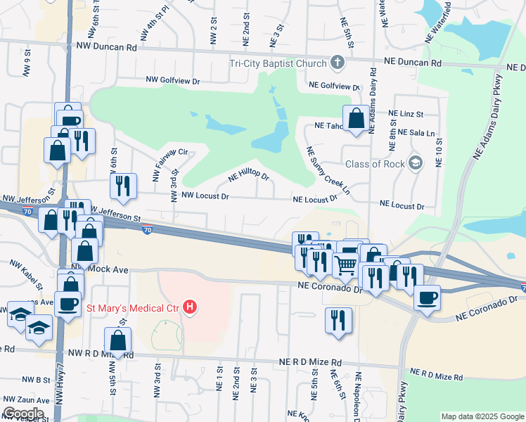 map of restaurants, bars, coffee shops, grocery stores, and more near 305 Northeast Cedar Court in Blue Springs