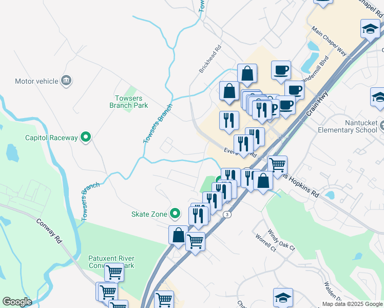 map of restaurants, bars, coffee shops, grocery stores, and more near 2614 Smooth Alder Street in Odenton