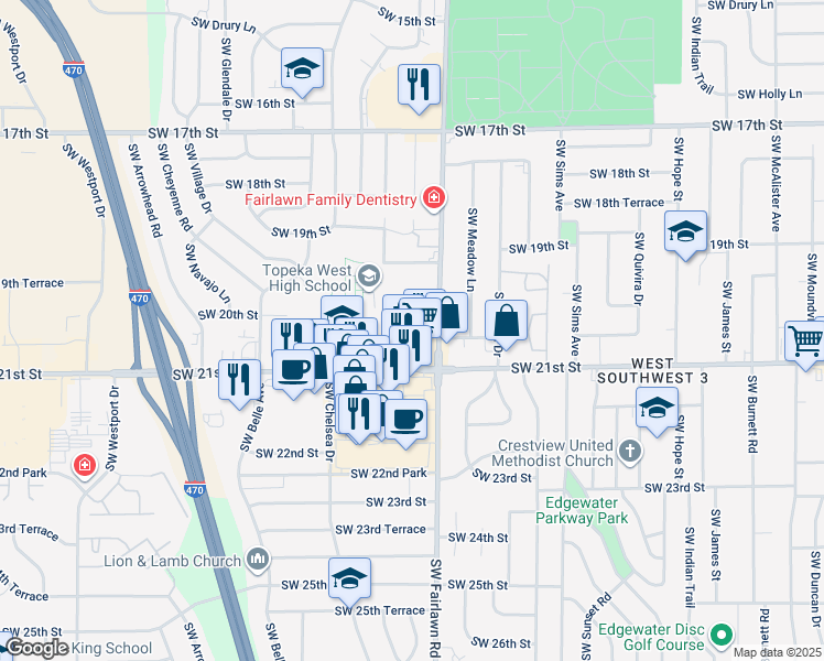 map of restaurants, bars, coffee shops, grocery stores, and more near 5237 Southwest 20th Terrace in Topeka