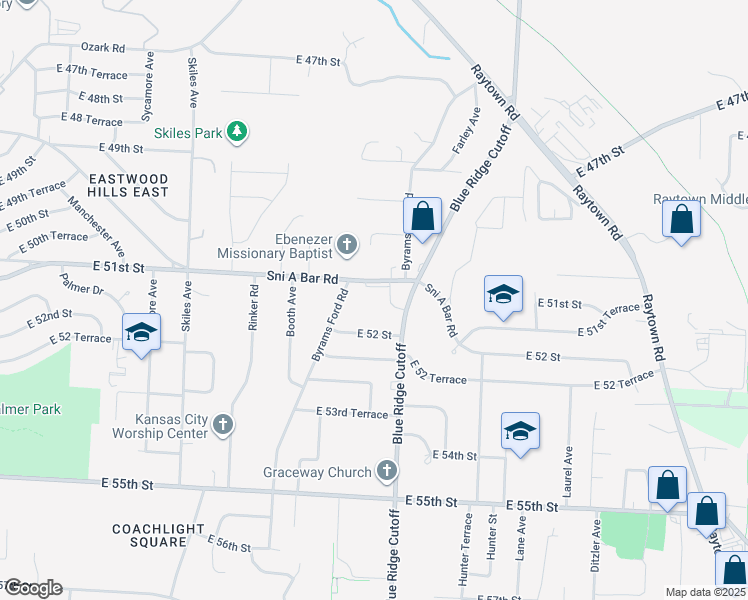 map of restaurants, bars, coffee shops, grocery stores, and more near 8705 Sni a Bar Road in Kansas City