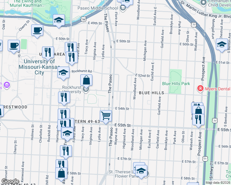 map of restaurants, bars, coffee shops, grocery stores, and more near 5301 The Paseo in Kansas City