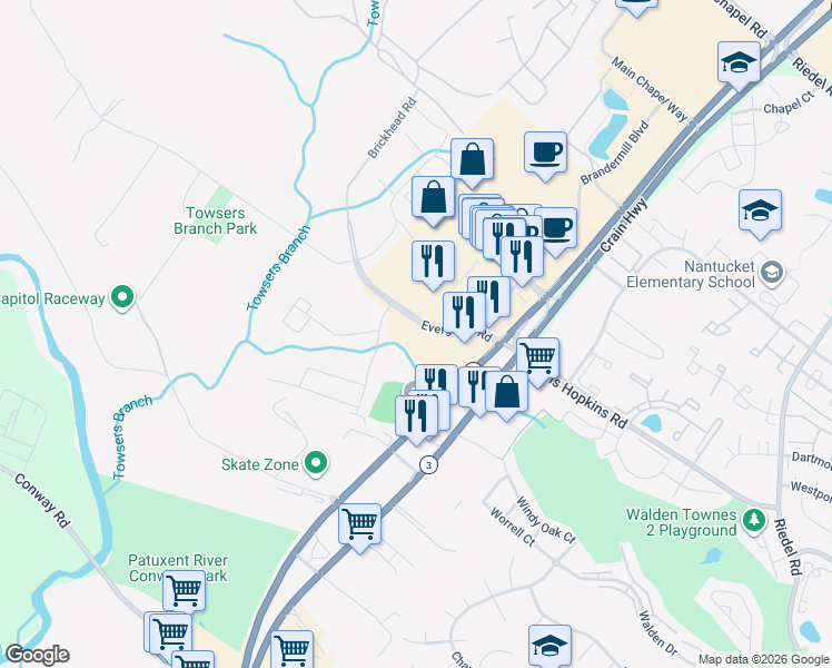 map of restaurants, bars, coffee shops, grocery stores, and more near 2535 Evergreen Road in Gambrills