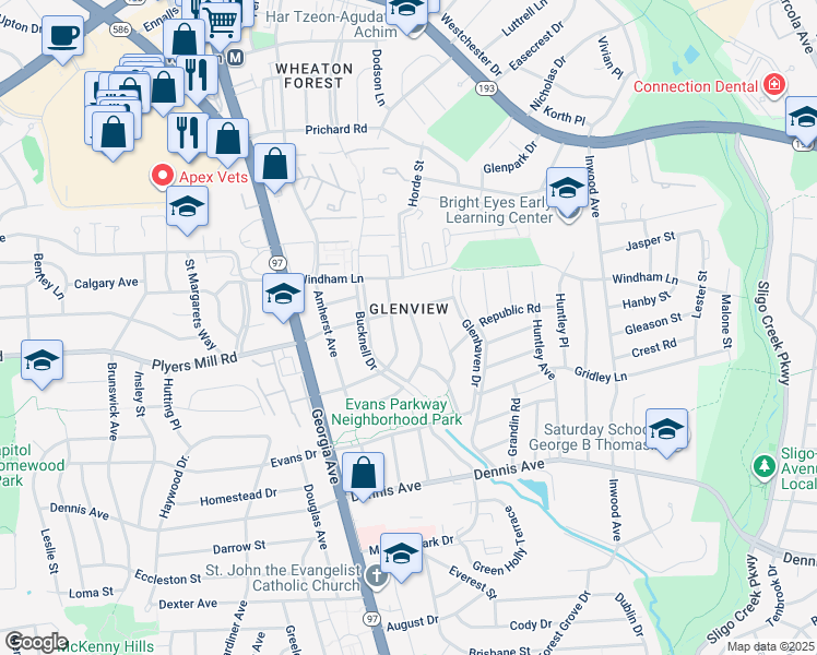 map of restaurants, bars, coffee shops, grocery stores, and more near 2005 Cascade Road in Silver Spring