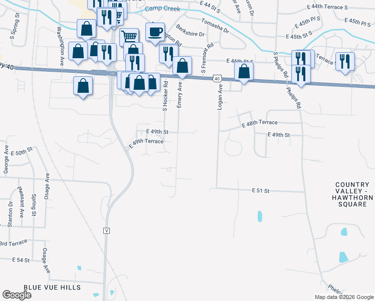 map of restaurants, bars, coffee shops, grocery stores, and more near 5009 Emery Avenue in Kansas City