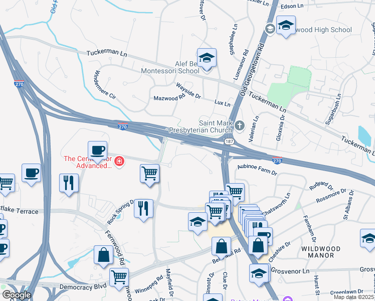 map of restaurants, bars, coffee shops, grocery stores, and more near 6425 Rock Forest Drive in Bethesda