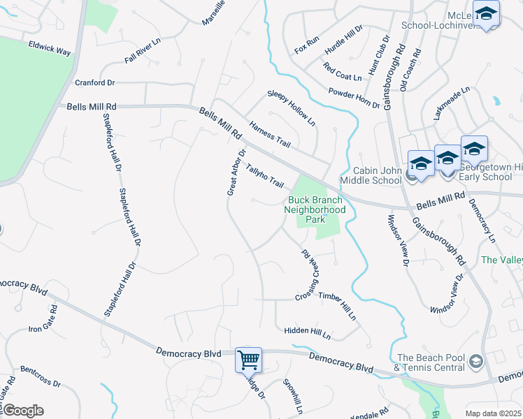 map of restaurants, bars, coffee shops, grocery stores, and more near 8806 Fox Hills Trail in Potomac