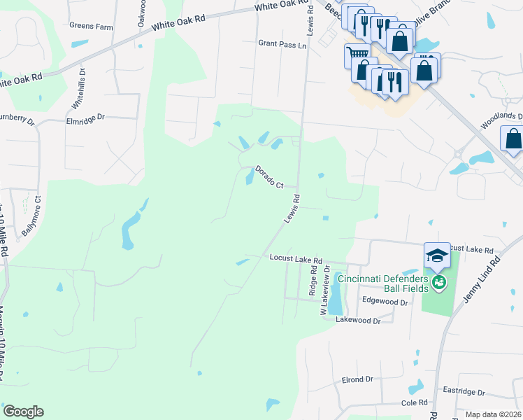 map of restaurants, bars, coffee shops, grocery stores, and more near 3535 Lewis Road in Amelia