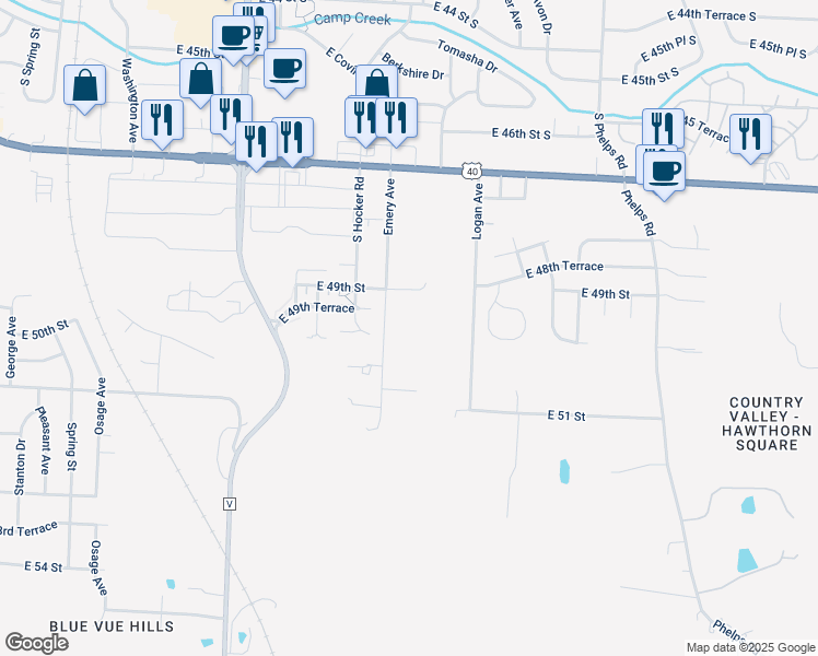 map of restaurants, bars, coffee shops, grocery stores, and more near 5009 Emery Avenue in Kansas City