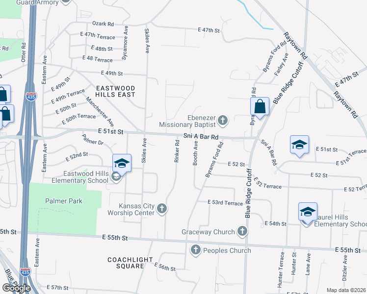 map of restaurants, bars, coffee shops, grocery stores, and more near 5116 Booth Avenue in Kansas City