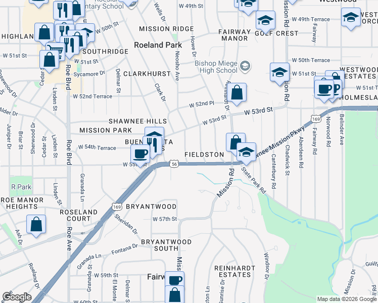 map of restaurants, bars, coffee shops, grocery stores, and more near 3712 Shawnee Mission Parkway in Fairway