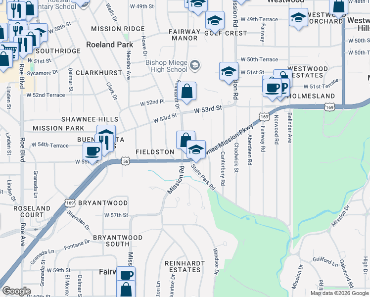 map of restaurants, bars, coffee shops, grocery stores, and more near 5427 Mission Road in Fairway