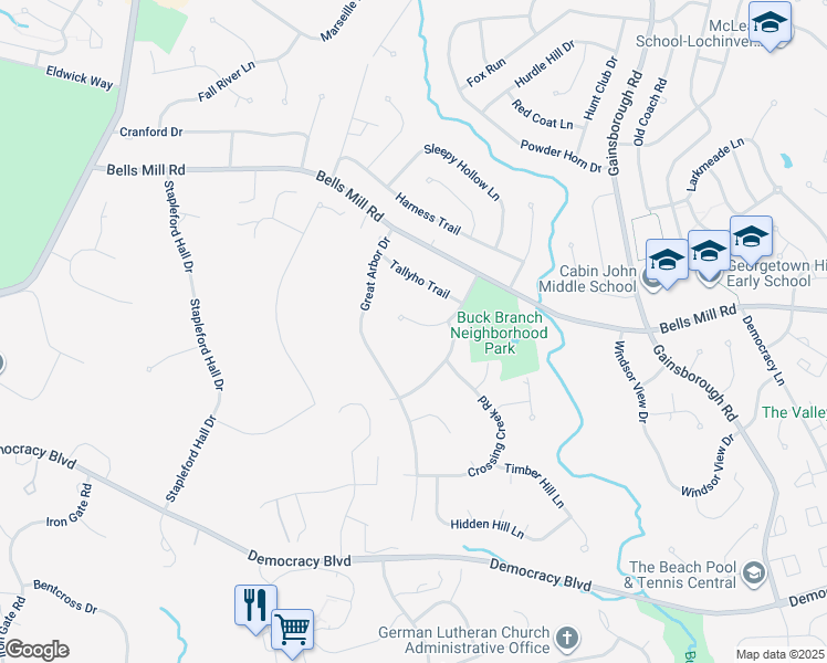 map of restaurants, bars, coffee shops, grocery stores, and more near 8806 Fox Hills Trail in Potomac