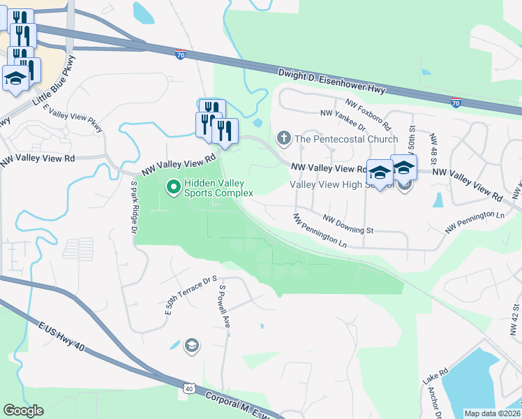 map of restaurants, bars, coffee shops, grocery stores, and more near 5602 Northwest Downing Street in Blue Springs