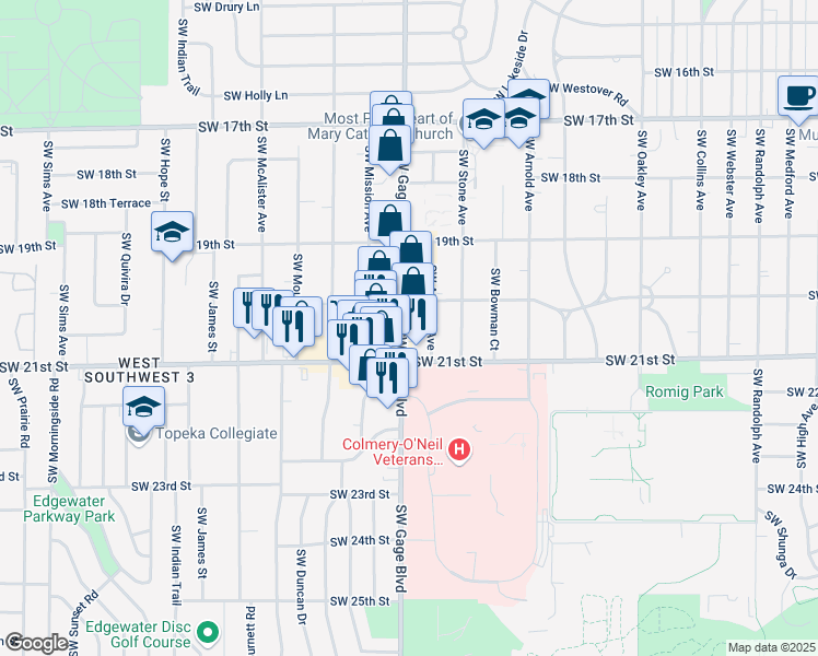 map of restaurants, bars, coffee shops, grocery stores, and more near 2022 Southwest Gage Boulevard in Topeka