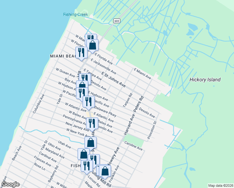 map of restaurants, bars, coffee shops, grocery stores, and more near 402 Desoto Avenue in Lower Township