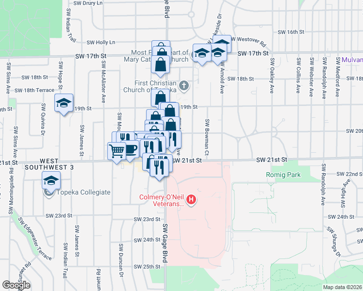 map of restaurants, bars, coffee shops, grocery stores, and more near 2033 Southwest Atwood Avenue in Topeka