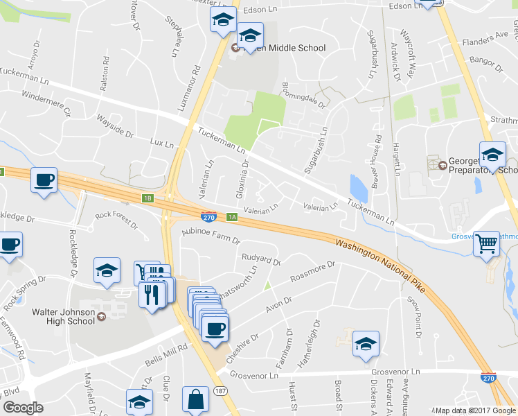 map of restaurants, bars, coffee shops, grocery stores, and more near 21 Valerian Court in Rockville