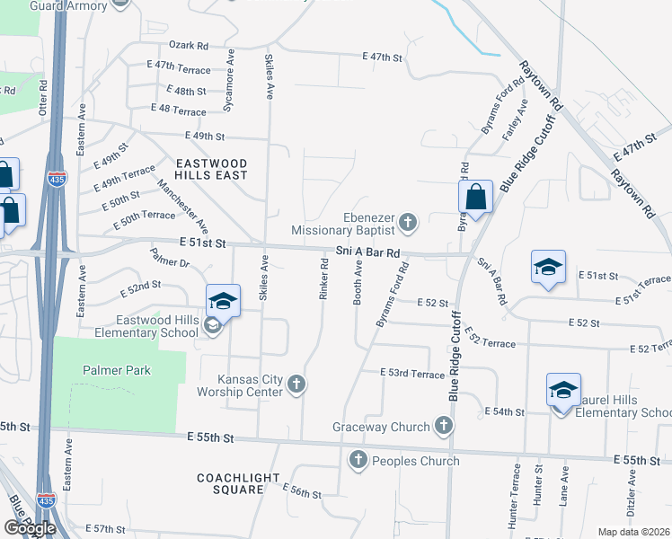 map of restaurants, bars, coffee shops, grocery stores, and more near 5116 Booth Avenue in Kansas City
