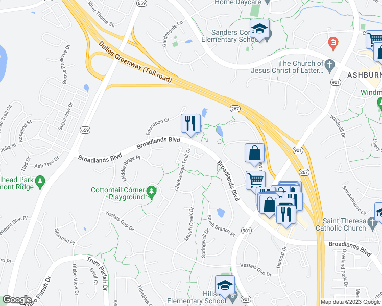 map of restaurants, bars, coffee shops, grocery stores, and more near 42983 Sundance Square in Broadlands