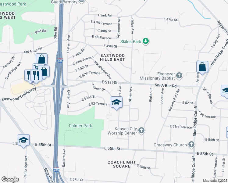 map of restaurants, bars, coffee shops, grocery stores, and more near 5163 Palmer Drive in Kansas City