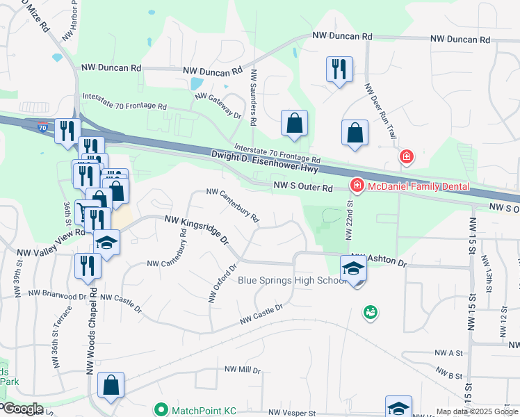 map of restaurants, bars, coffee shops, grocery stores, and more near 1210 Northwest Kent Court in Blue Springs
