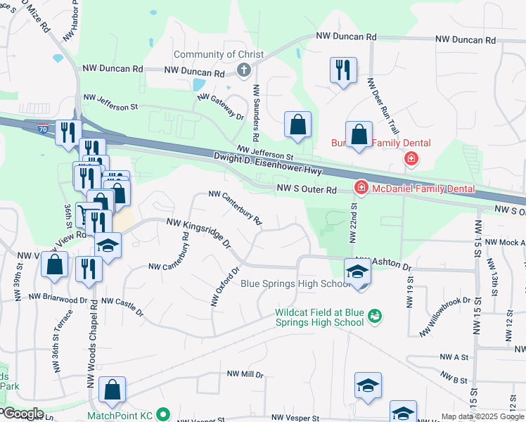 map of restaurants, bars, coffee shops, grocery stores, and more near 1210 Northwest Kent Court in Blue Springs