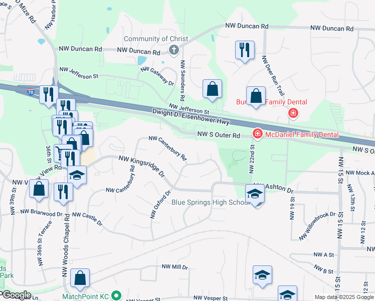 map of restaurants, bars, coffee shops, grocery stores, and more near 1210 Northwest Kent Court in Blue Springs