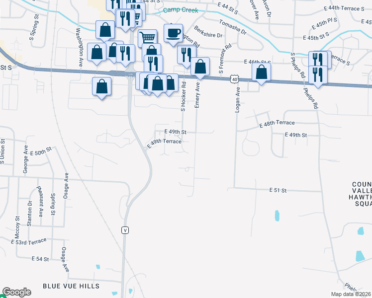 map of restaurants, bars, coffee shops, grocery stores, and more near 14307 East 50 Court in Kansas City