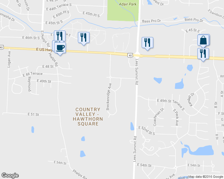 map of restaurants, bars, coffee shops, grocery stores, and more near East 49th Street in Kansas City