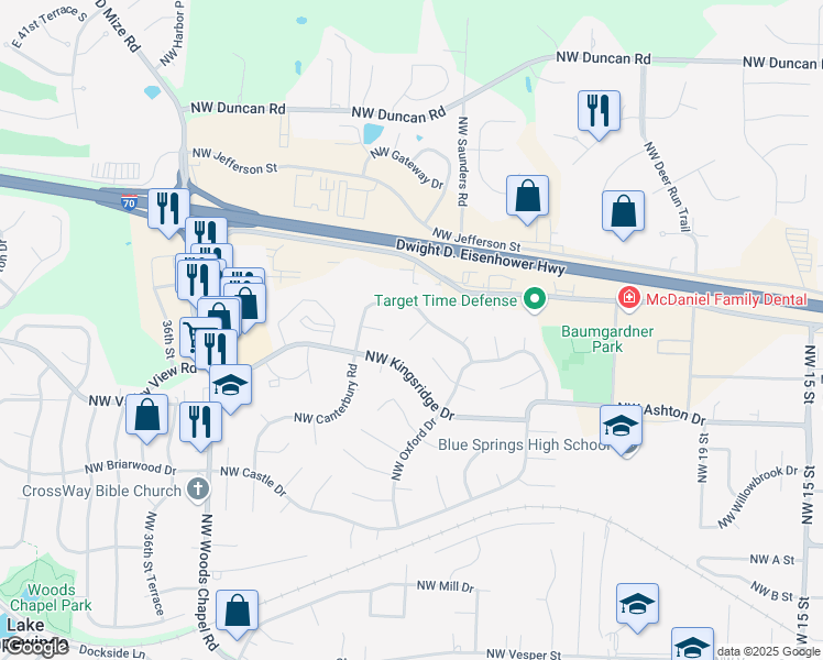 map of restaurants, bars, coffee shops, grocery stores, and more near 1213 Northwest Somerset Court in Blue Springs