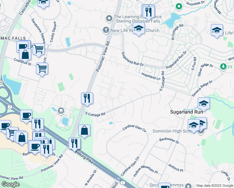 map of restaurants, bars, coffee shops, grocery stores, and more near 21073 Semblance Drive in Sterling