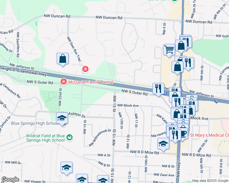 map of restaurants, bars, coffee shops, grocery stores, and more near 1400 Northwest South Outer Road in Blue Springs