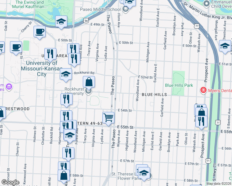 map of restaurants, bars, coffee shops, grocery stores, and more near Paseo Boulevard & East 53rd Street in Kansas City