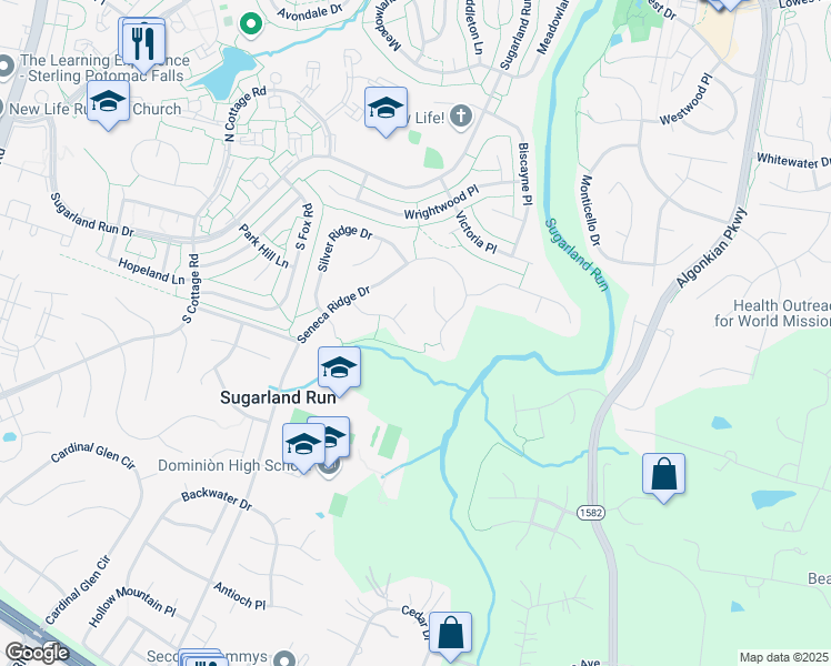 map of restaurants, bars, coffee shops, grocery stores, and more near 417 Spring Ridge Court in Sterling