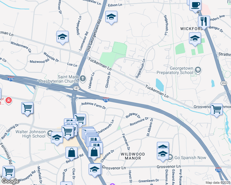map of restaurants, bars, coffee shops, grocery stores, and more near 21 Valerian Court in Rockville