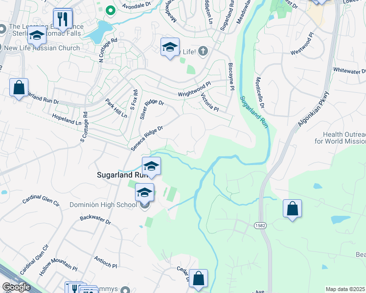map of restaurants, bars, coffee shops, grocery stores, and more near 417 Spring Ridge Court in Sterling